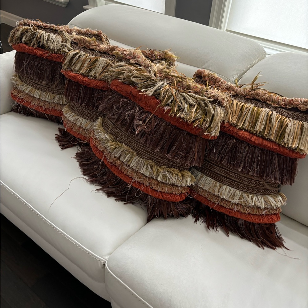 Vintage rich 17 x 17 decorator, wealthy home pillows, fringe and  leather